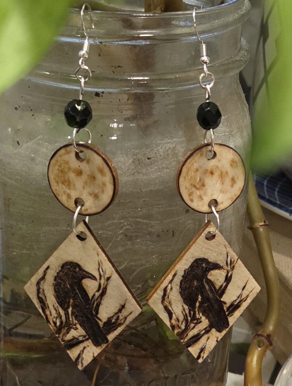 Handcrafted - Raven Under The Full Moon - Wood Drop Earrings